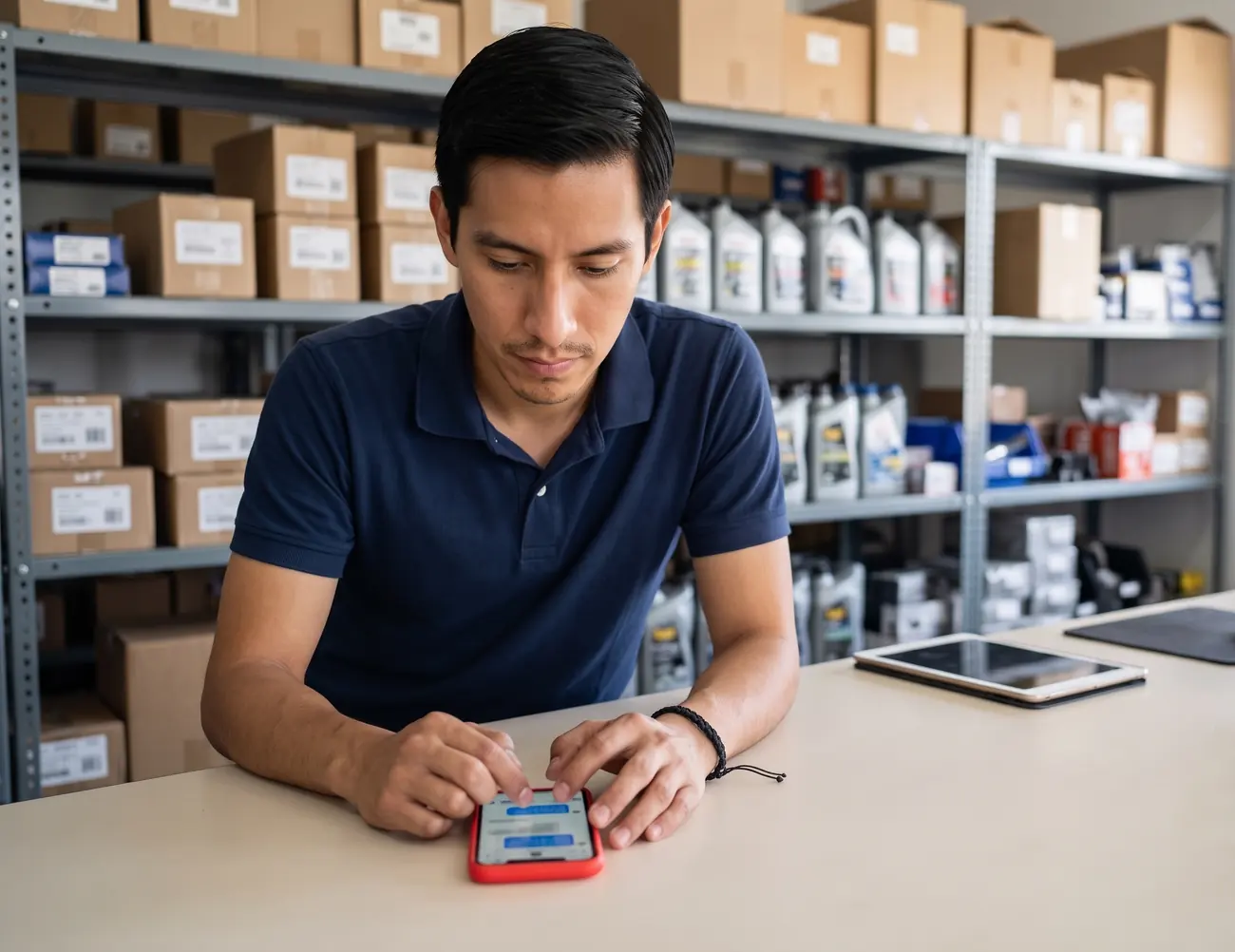 Parts store salesman quoting from his phone at the counter, with the chat open
