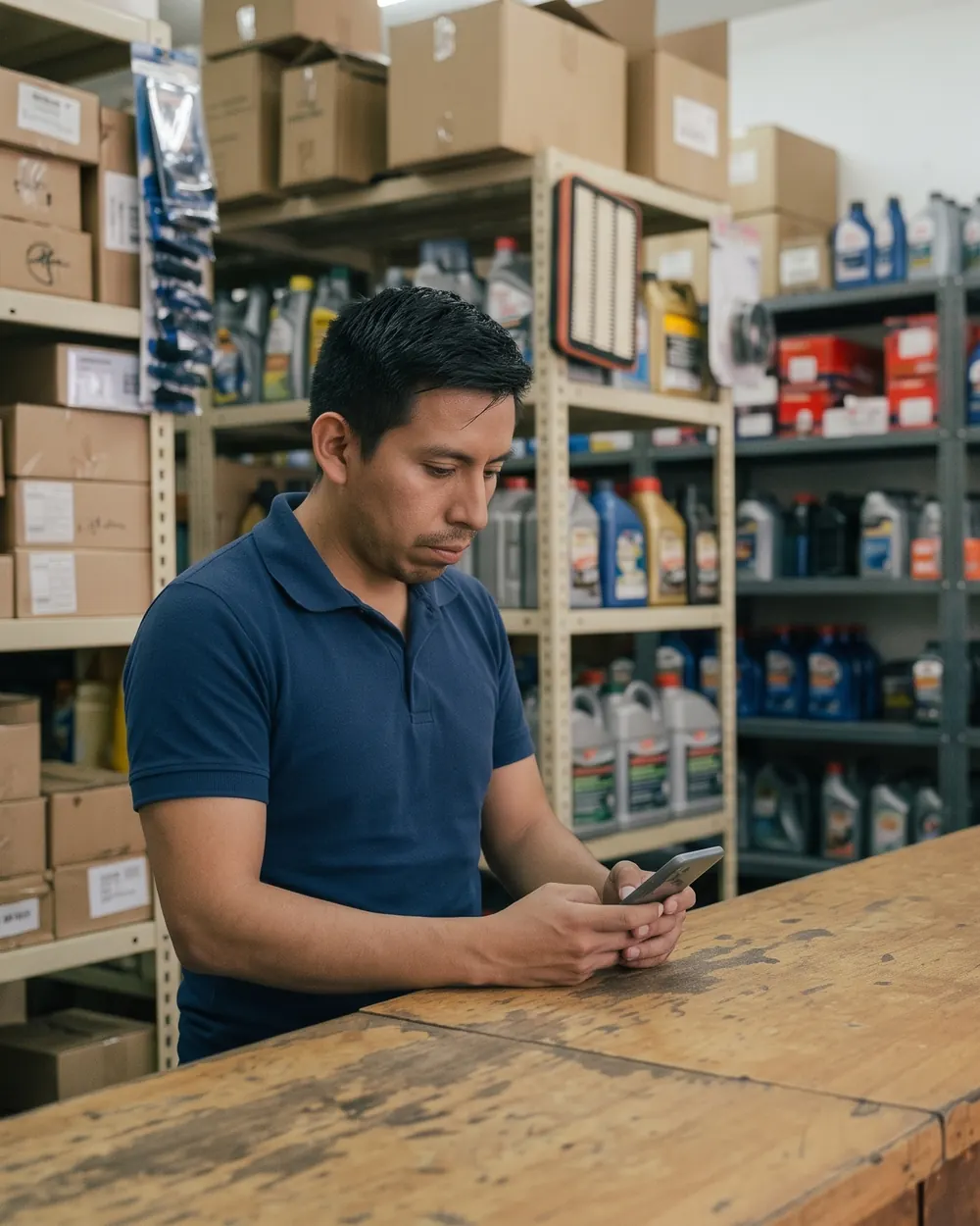 Auto parts store clerk answering a WhatsApp order at the counter