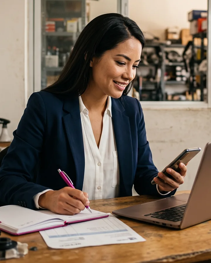 Adriana, profiling and marketing campaigns: woman in a navy blazer at her desk in an auto parts store, with a phone, a notebook and a laptop