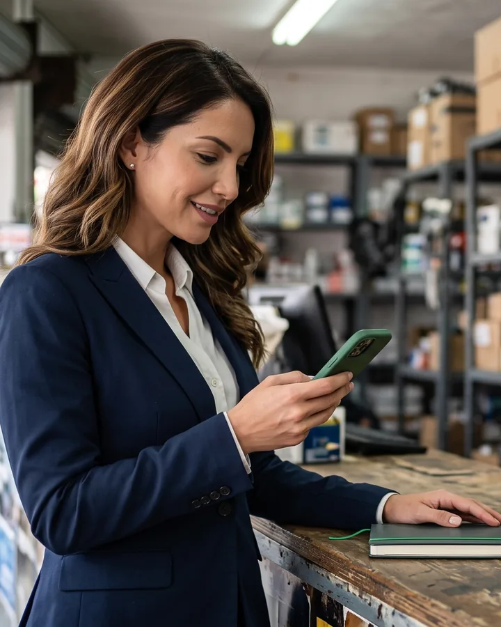 Alma, sales and re-engagement: woman in a navy blazer at an auto parts store counter, checking a message on her phone