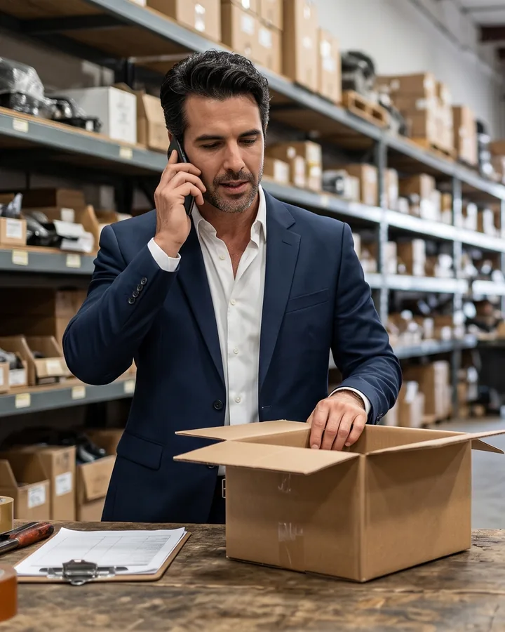 Salvador, purchasing: man in a navy blazer in an auto parts warehouse, on the phone while opening a box of parts