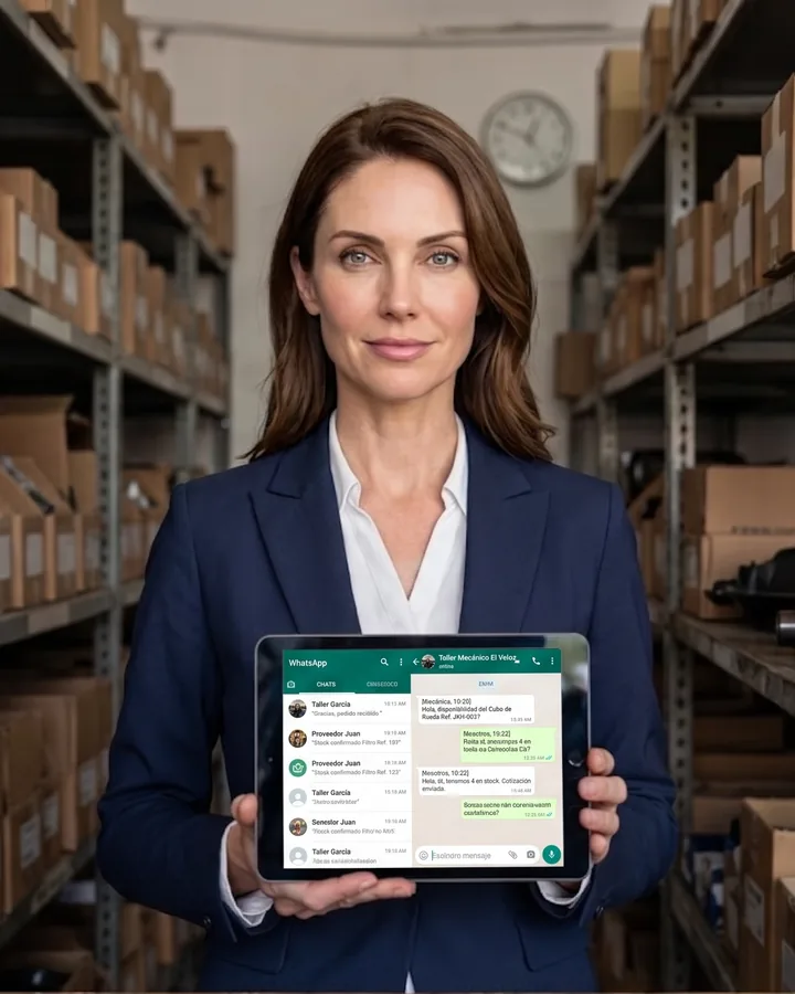 Victoria, quoting: woman in a navy blazer in an auto parts store warehouse, holding a tablet that shows WhatsApp chats