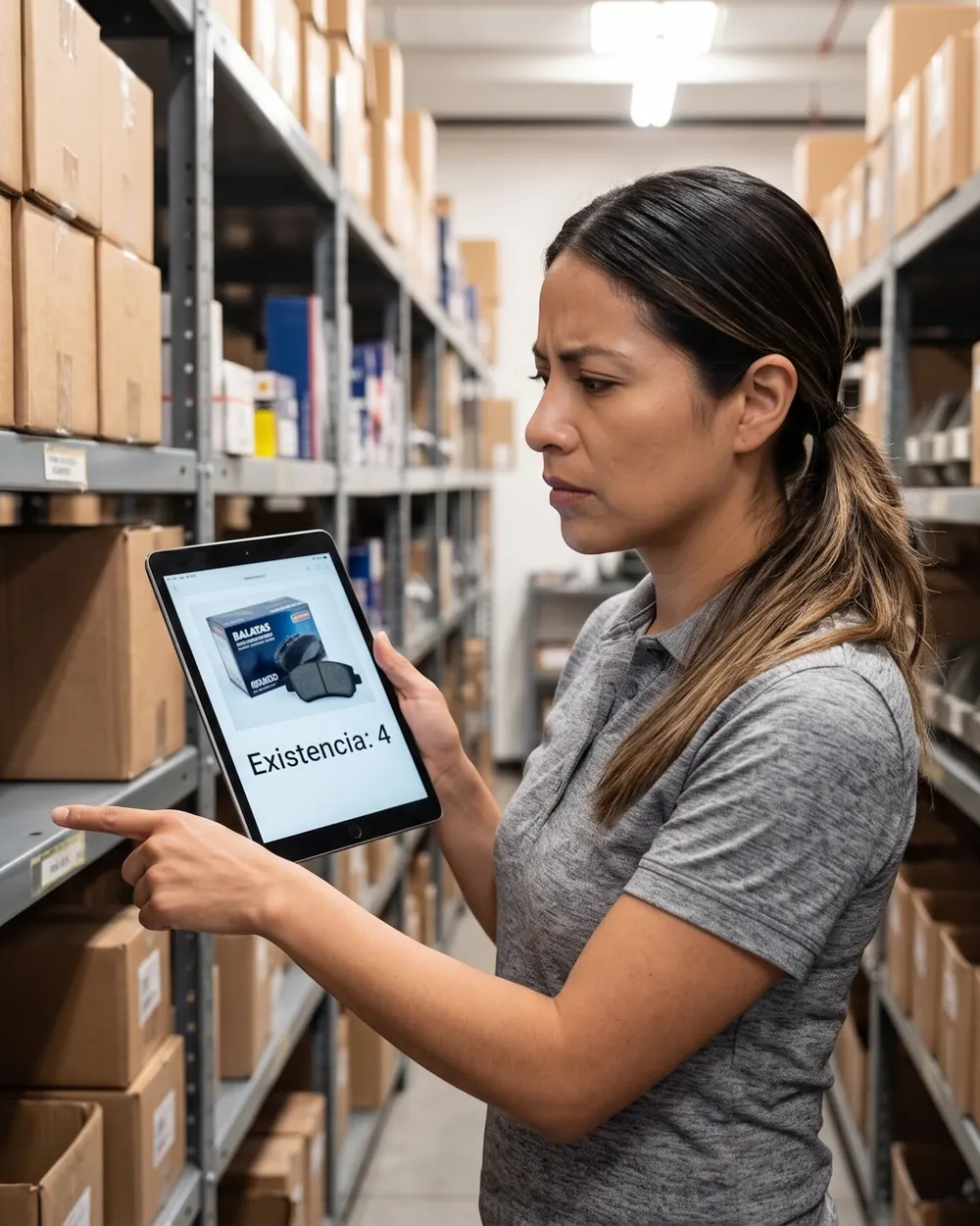 Auto parts store employee checking brake pad stock on a tablet between the shelves