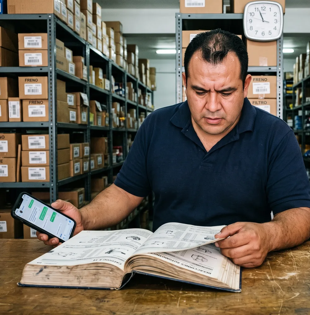 Auto parts store owner in his stockroom, with the paper catalog open and his phone in hand