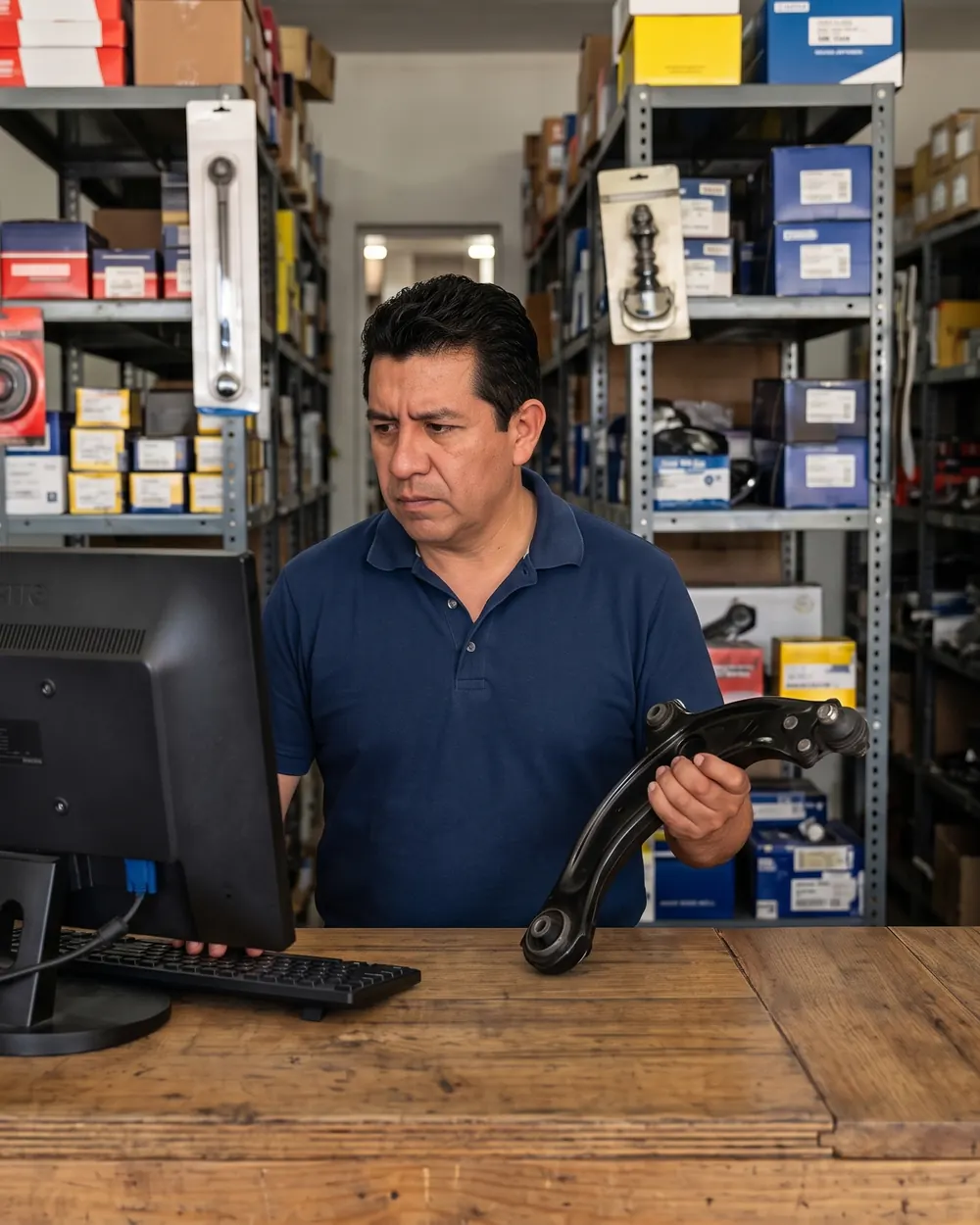 Auto parts store clerk holding a suspension part in front of the computer, identifying it by its part number