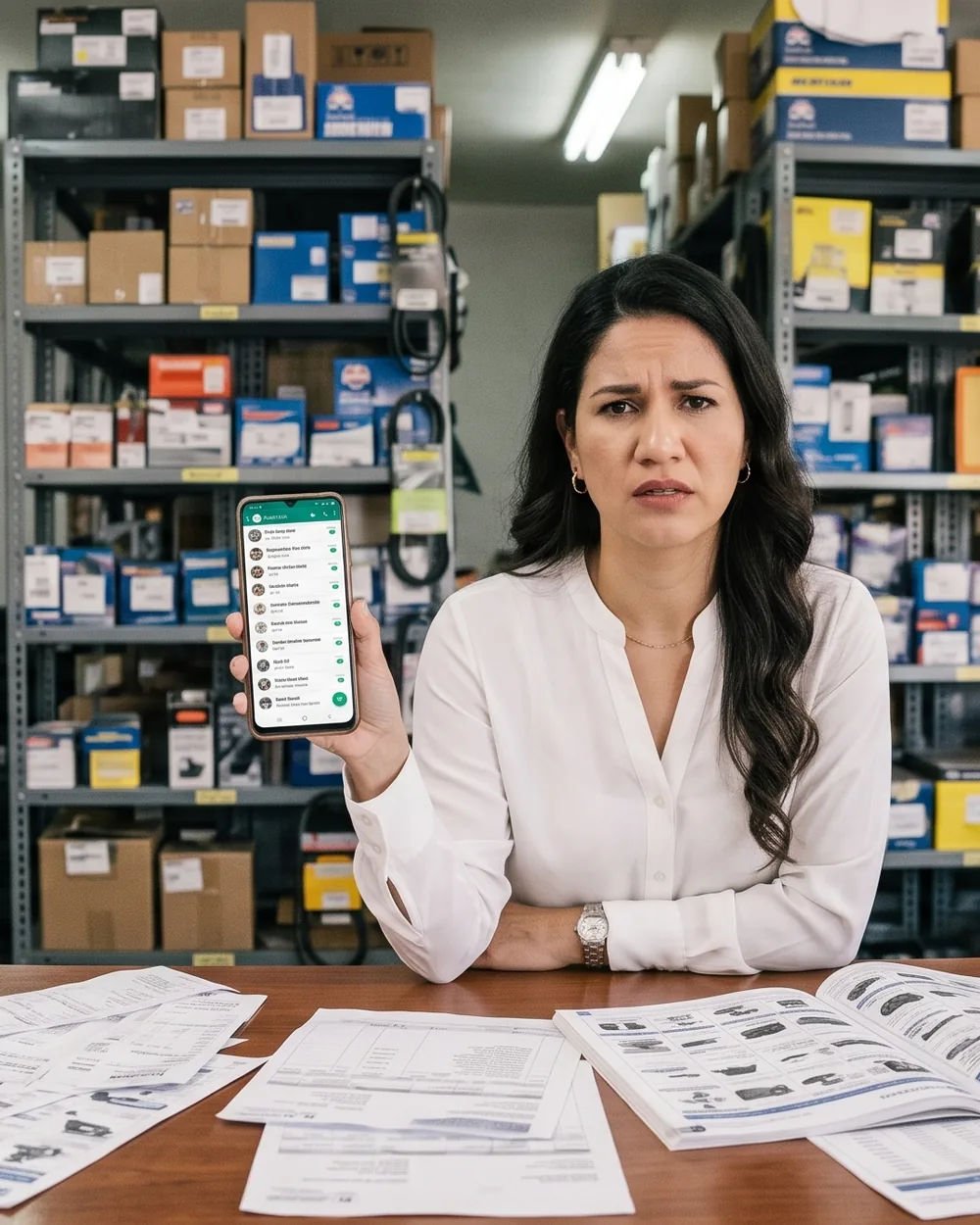 Auto parts store manager holding a phone full of WhatsApp chats, with catalogs and papers on the counter