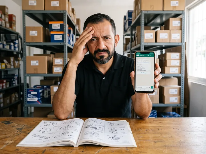Parts store owner with his hand on his forehead, showing a bot menu on his phone, with a printed catalog open on the counter