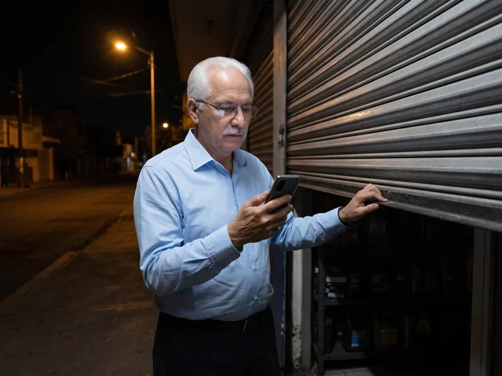 Parts store owner at night in front of the closed shutter, reading a message on his phone