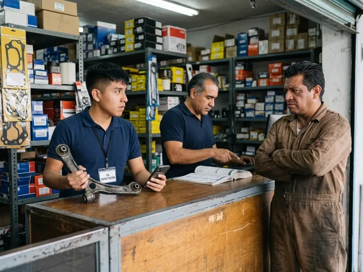 New employee wearing a badge holding a part while a coworker checks the catalog and a mechanic waits