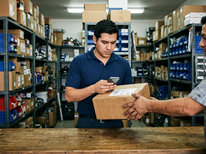 Parts store clerk checking with his phone the label on a box a mechanic hands him, in the stockroom
