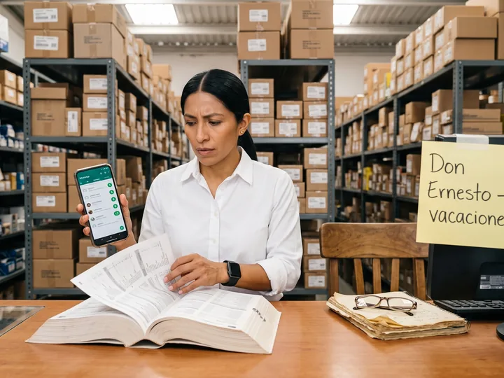 Parts store manager with a phone in her hand in front of an open catalog and a note that says Don Ernesto, vacaciones