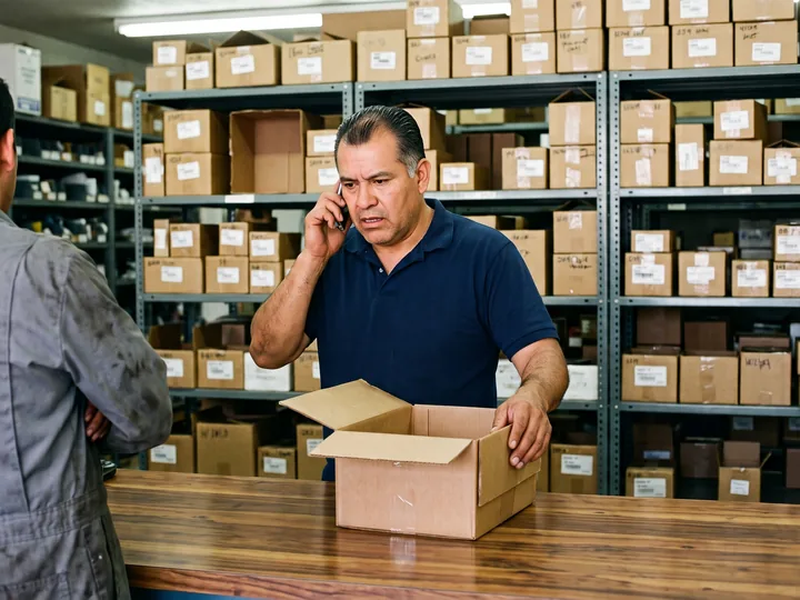 Parts store clerk on the phone with an open box on the counter while a customer waits